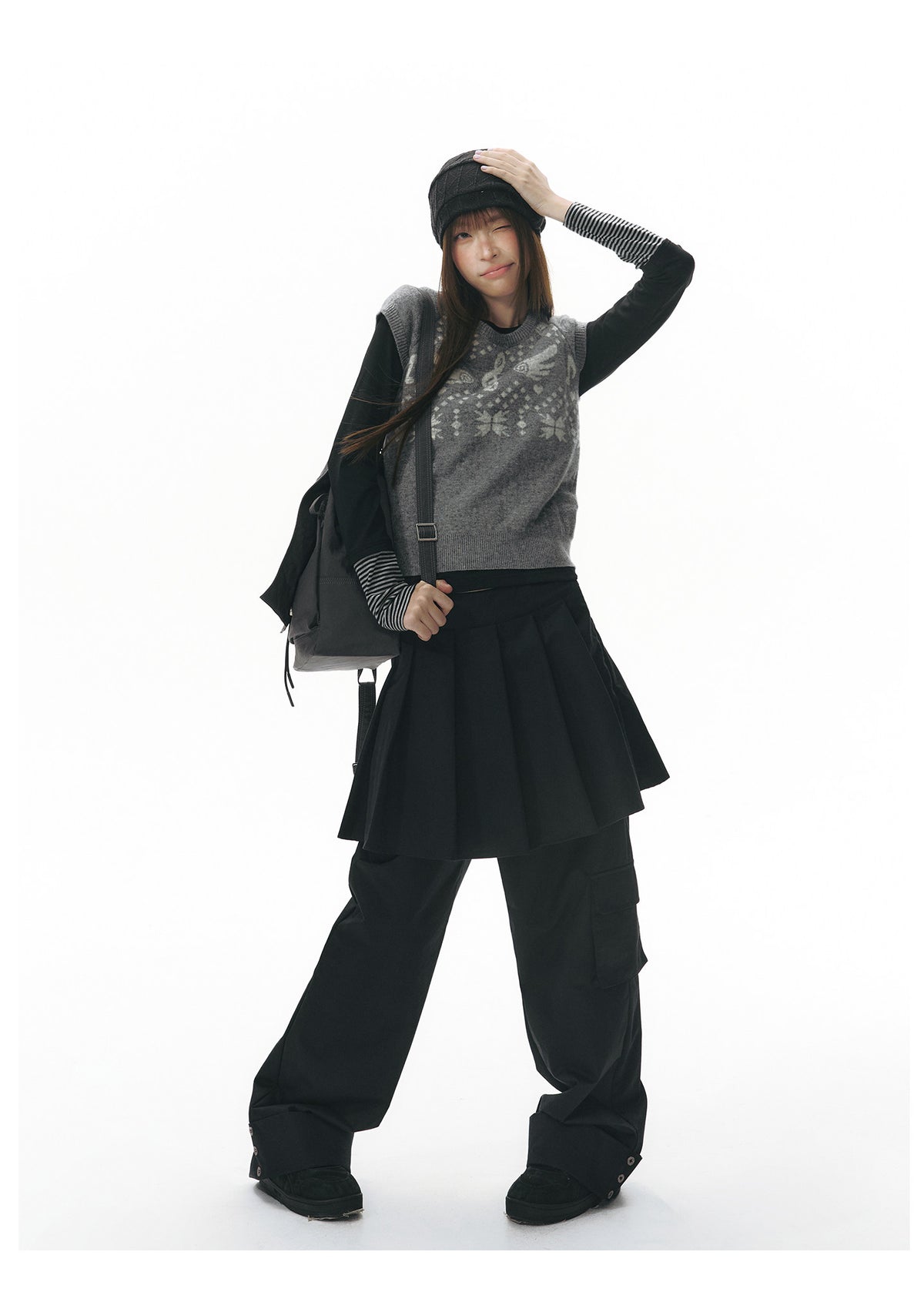 Pleated Skirt-Overlay Cargo Wide-Leg Pants