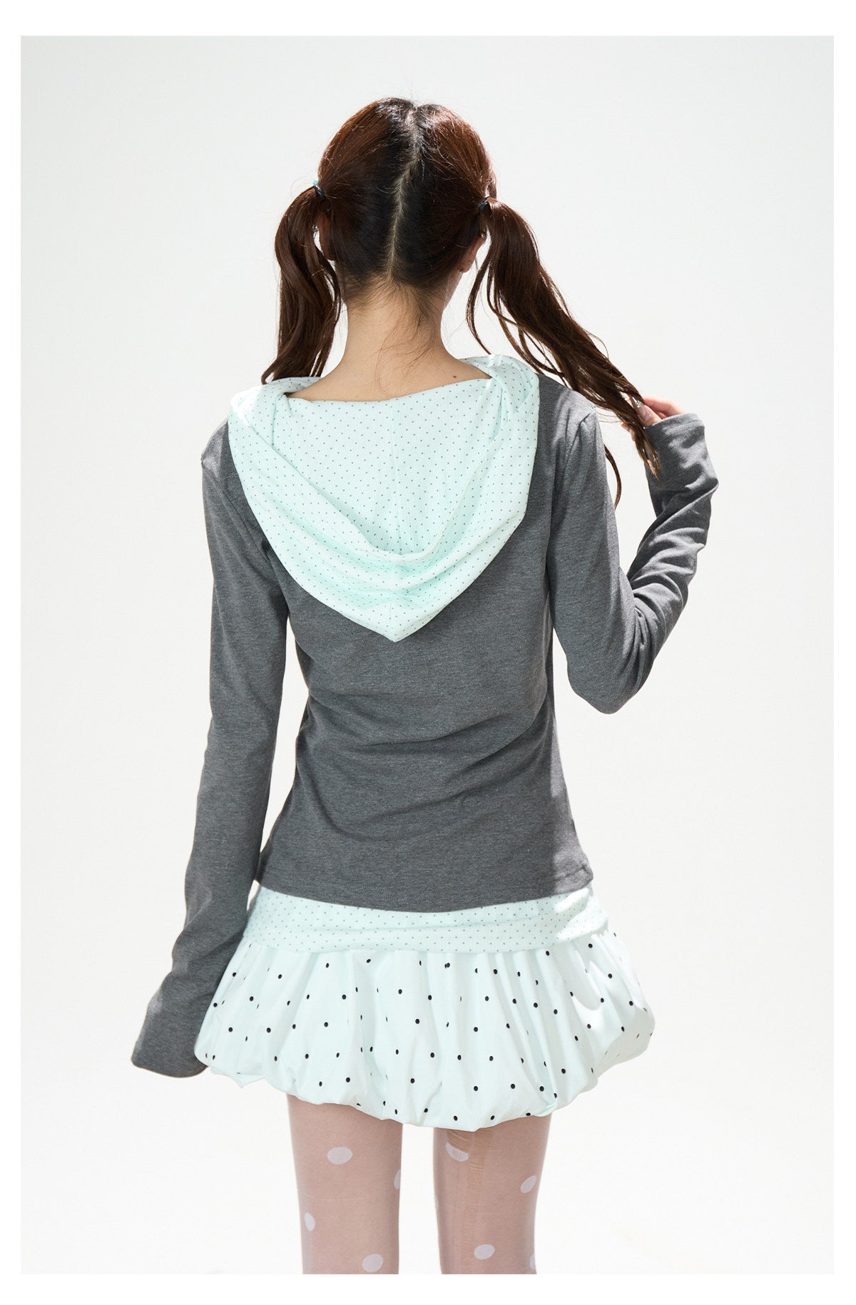 Polka Dot Layered Hooded Long Sleeve Top & Lace-Trim Bubble Mini Skirt