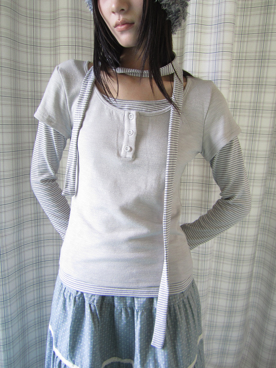 Striped Layered Scarf Henley Long Sleeve Top