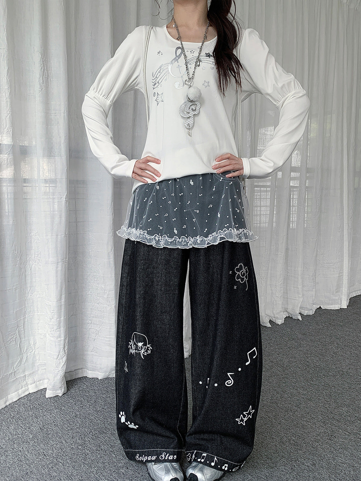 Sheer Music Note Ruffle Layering Skirt