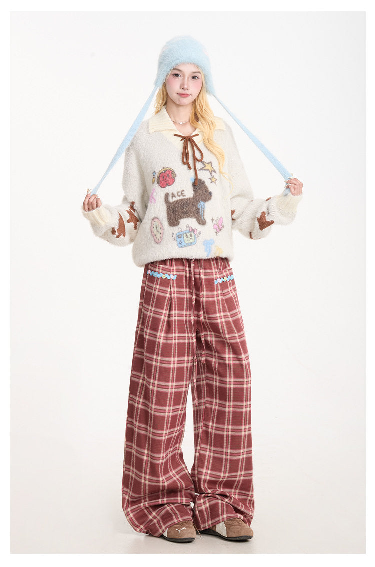 Puppy Graphic Bow-Collar Oversized Knit Sweater