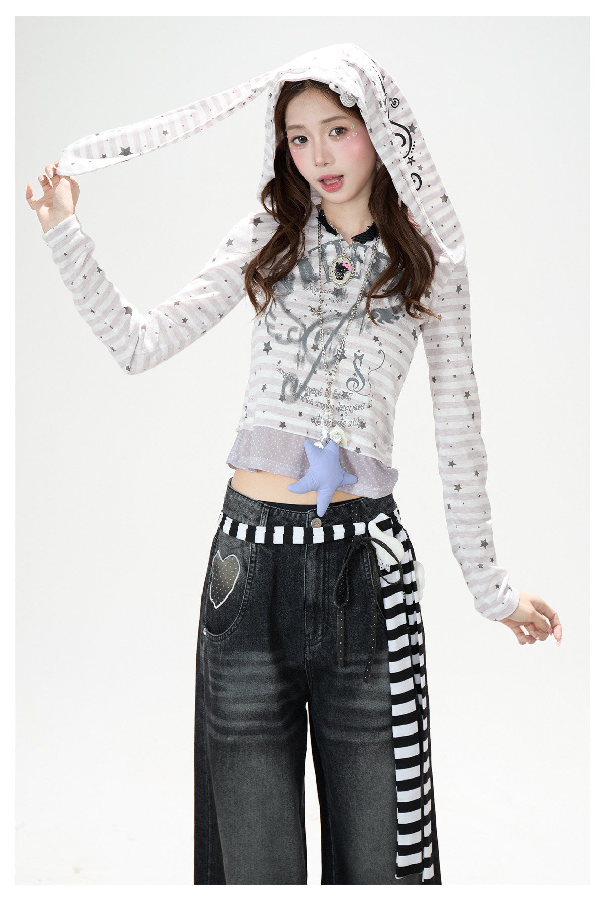 Star Stripe Bunny-Ear Hooded V-Neck Long Sleeve Top