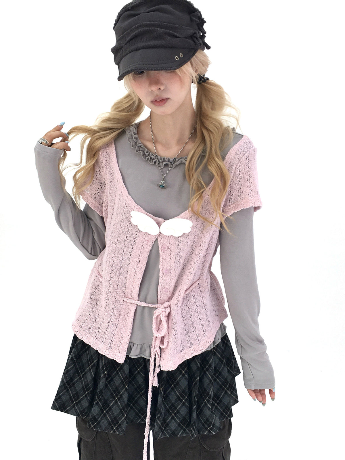 Blush Angel Wing Faux-Layer Knit Long Sleeve Top