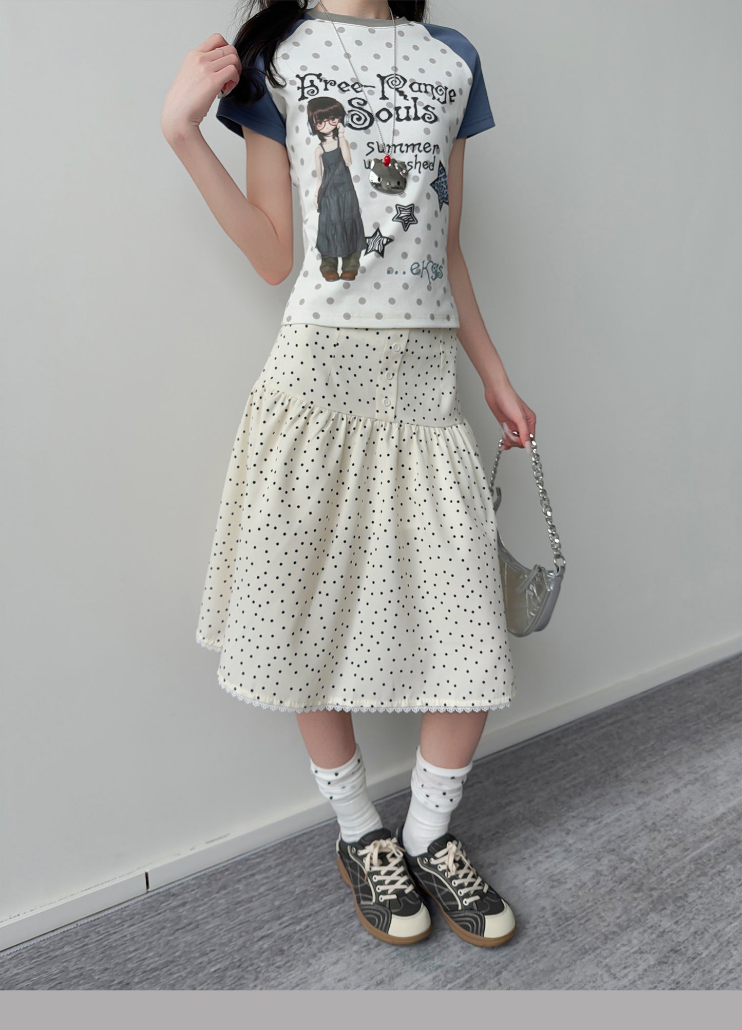 Polka Dot Button Tiered Midi Skirt
