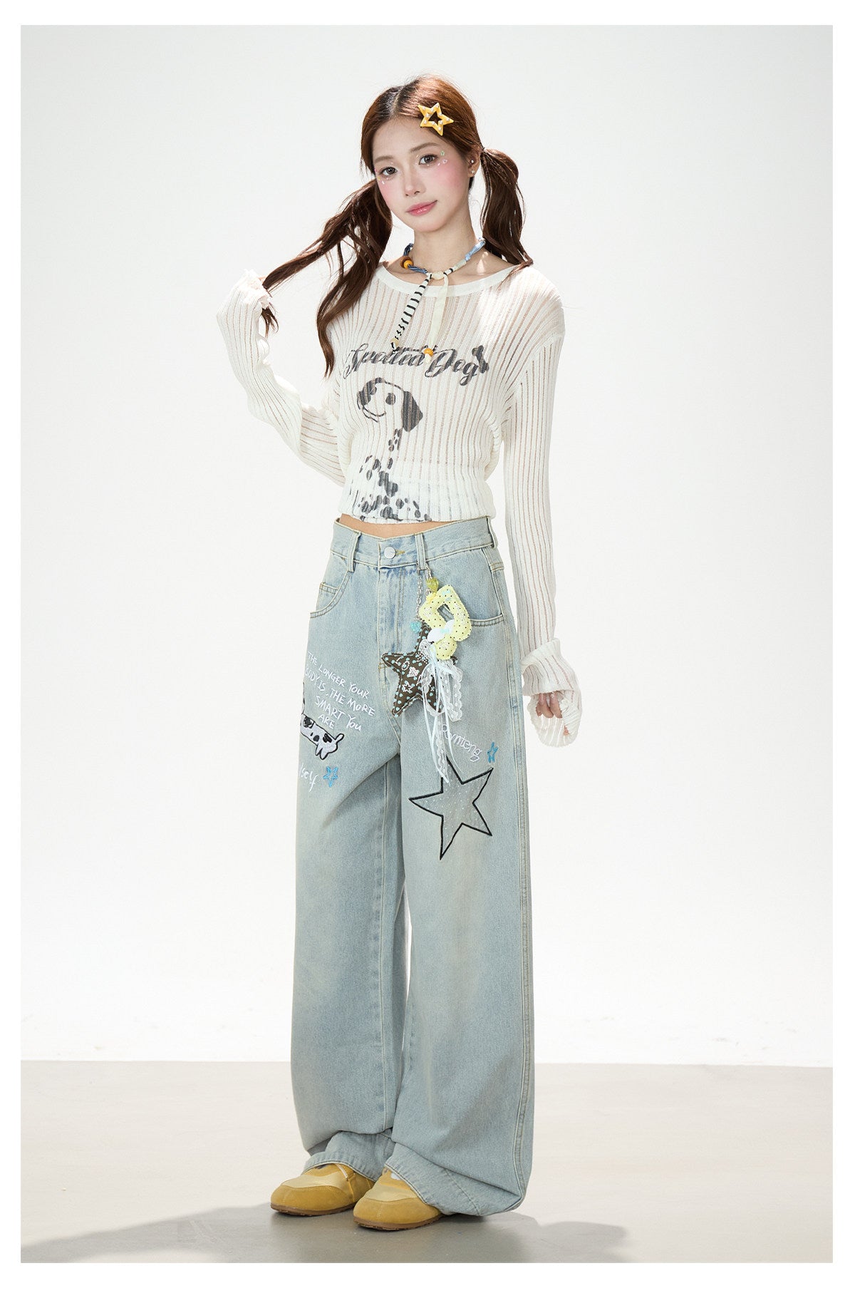 Puppy & Star Graphic Washed Wide-Leg Jeans