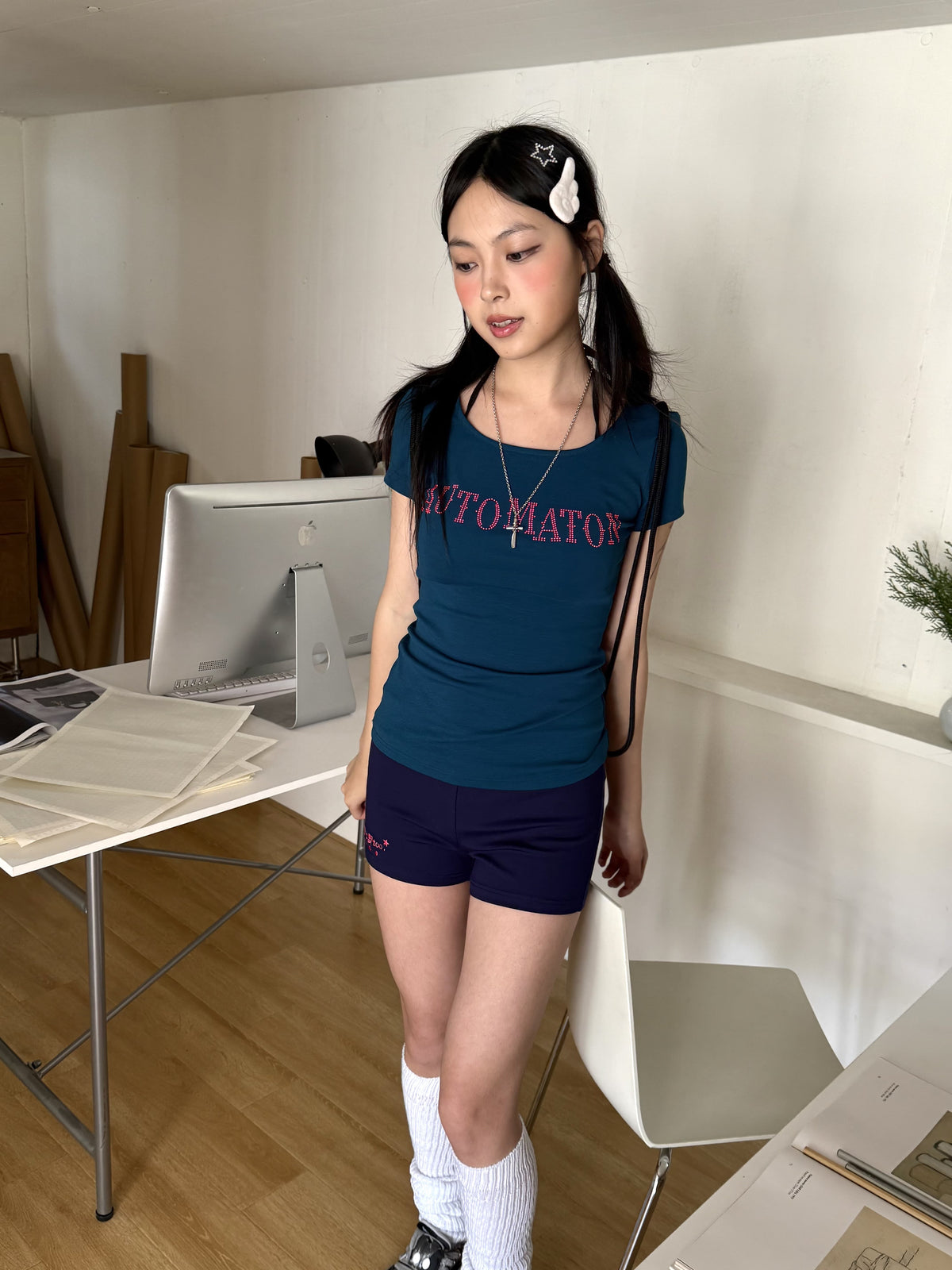 Dark Navy Rhinestone Letter Fitted Baby Tee