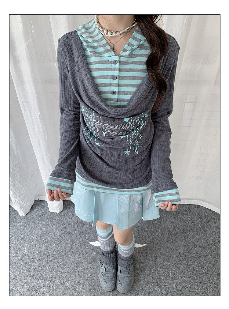 Draped Stripe-Collar Faux-Layer Long-Sleeve Top
