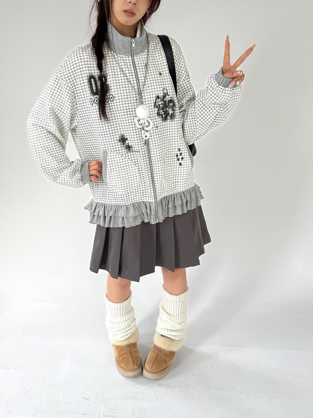 Sugar Check Graphic Ruffle-Hem Zip-Up Jacket
