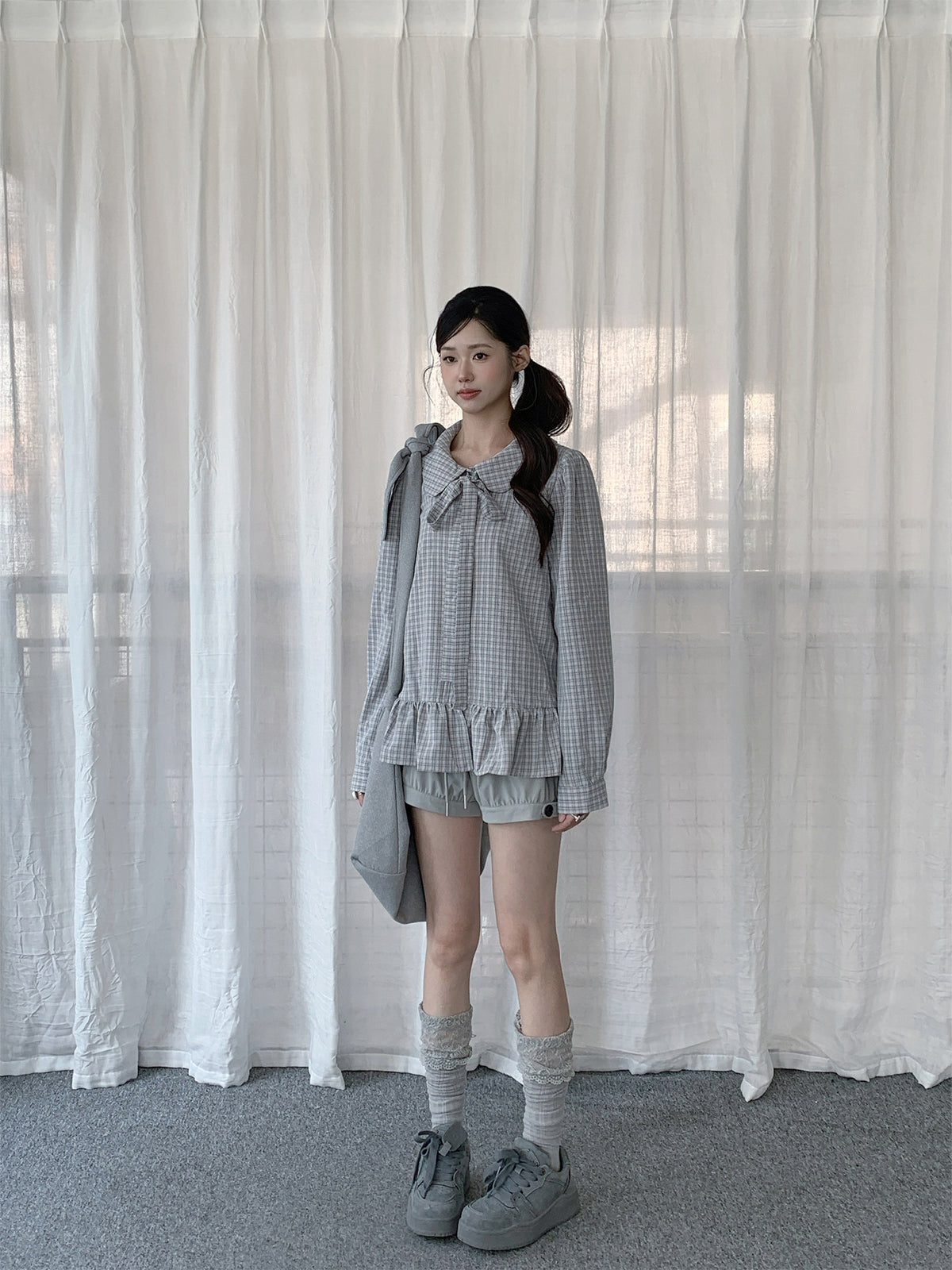 Plaid Bow Collar Ruffle Long Sleeve Blouse