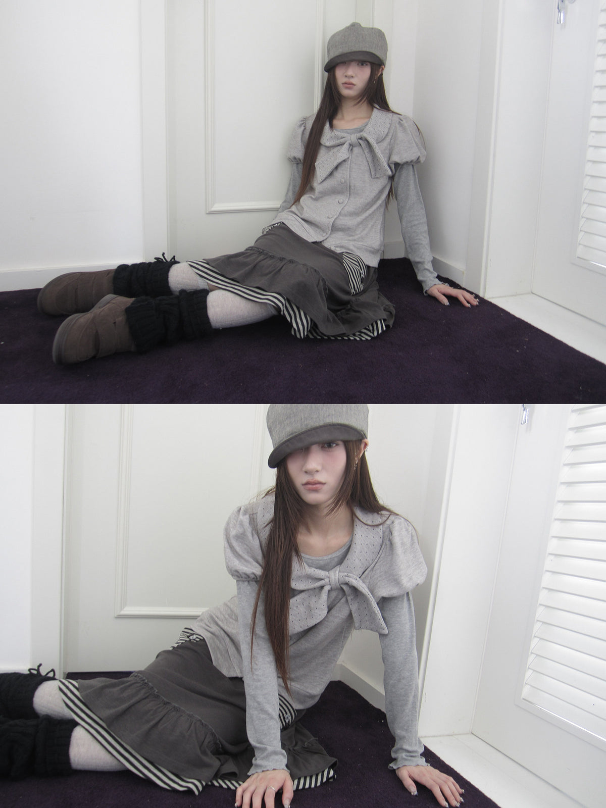 Polka Dot Bow Knit Top & Long Sleeve Two-Piece Set