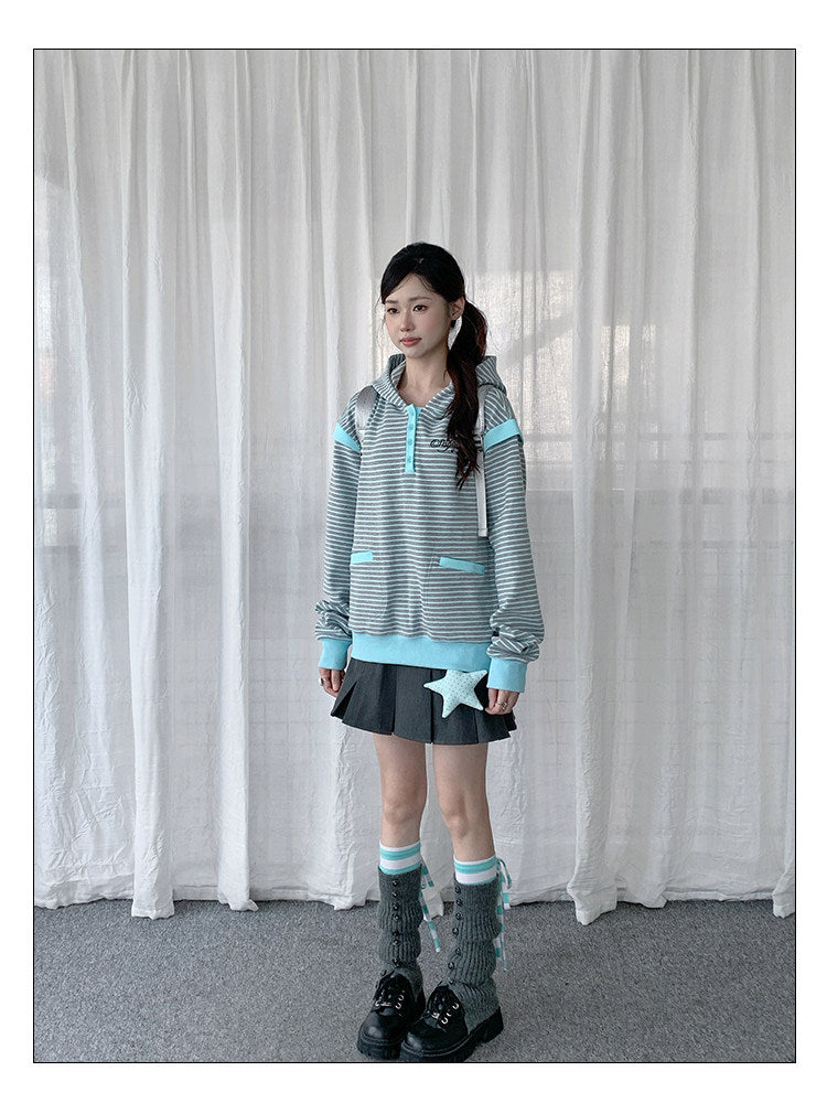 Striped Half-Placket Hooded Pullover