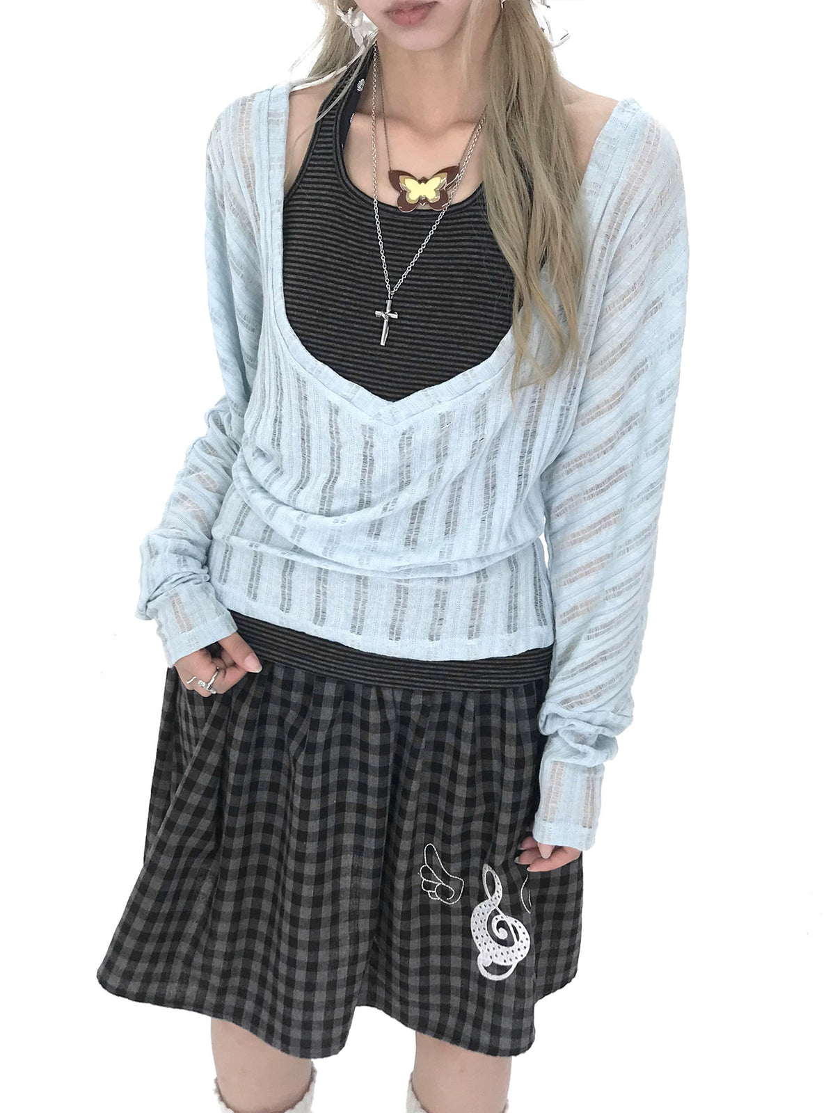 Icy Blue Striped Halter-Layered Long Sleeve Top
