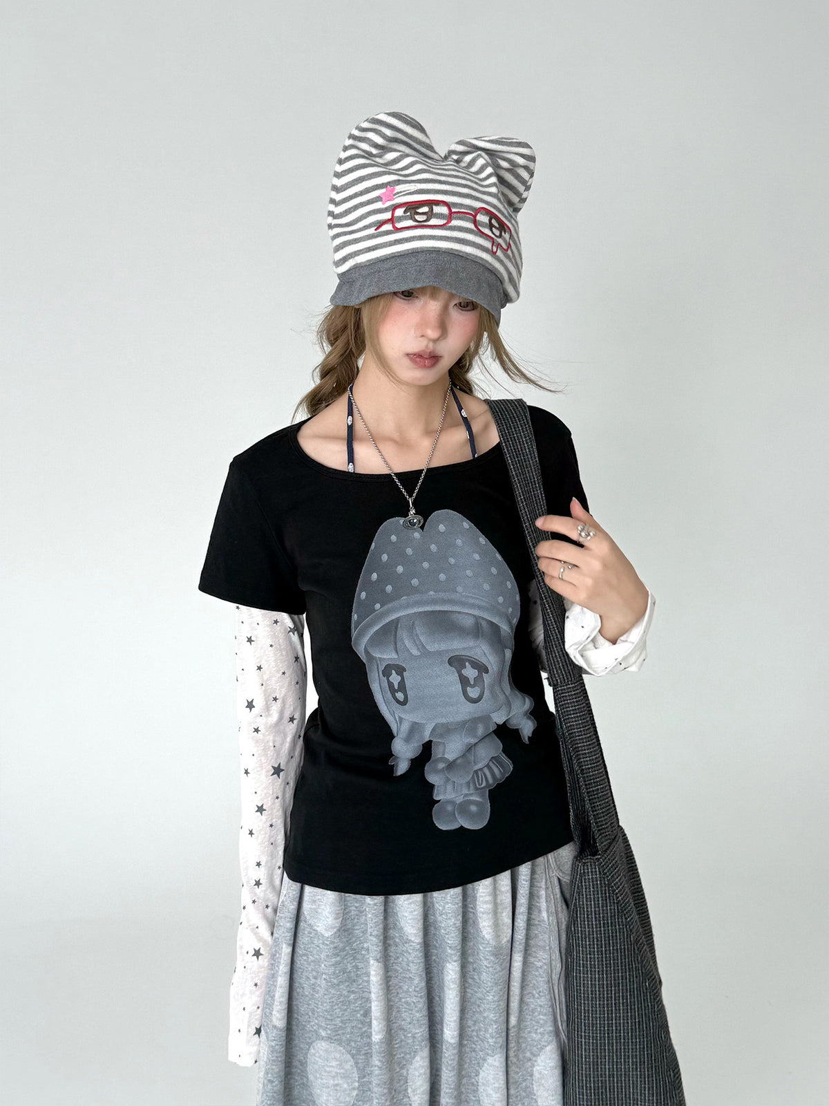 Mushroom Girl Star Faux-Layered Long Sleeve Tee