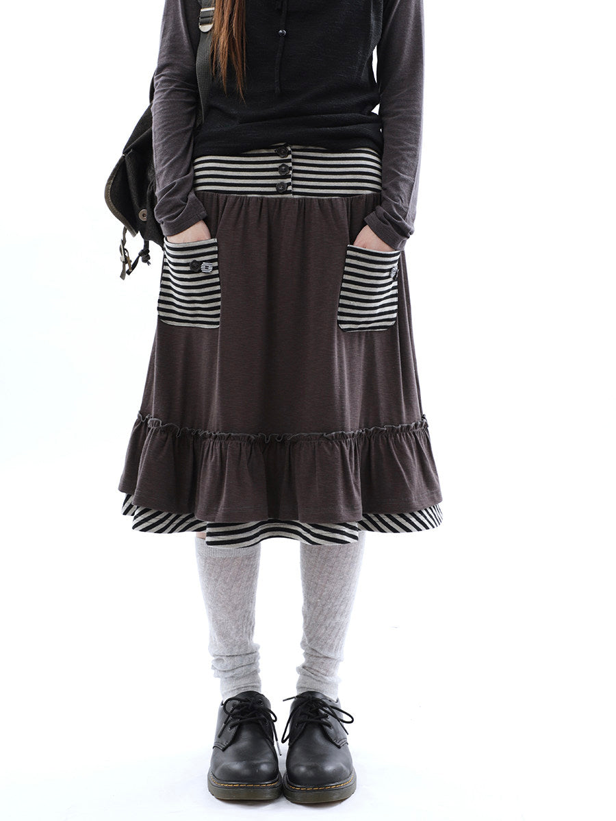 Striped Pocket Ruffle Layered Midi Skirt