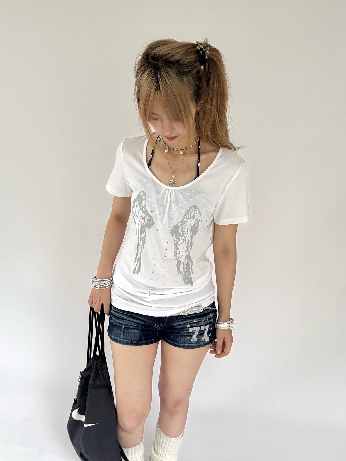 Angel Wing Rhinestone Ruched Tee