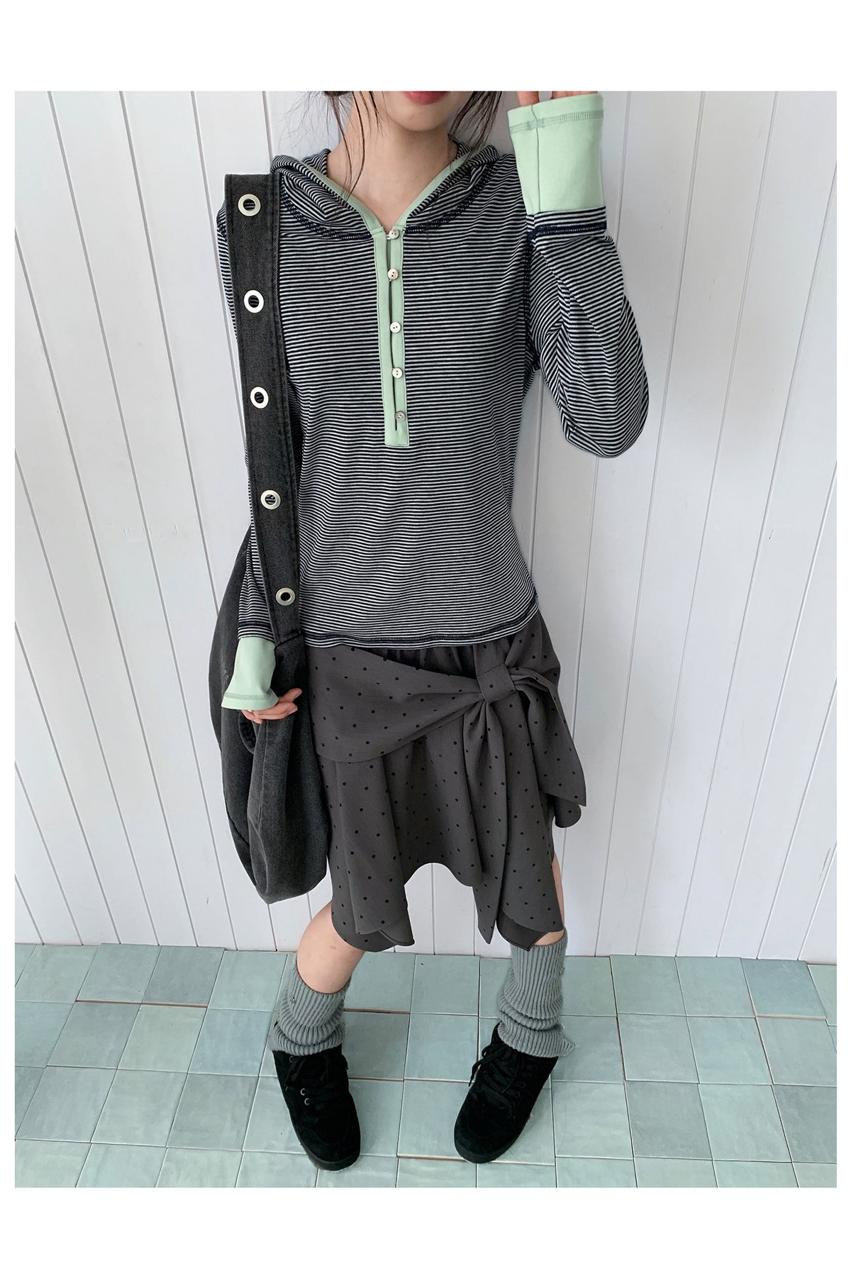 Blue-Gray Stripe Contrast Hooded Long Sleeve Top