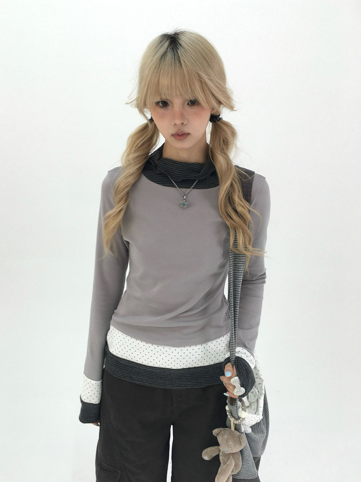 Mist Gray Polka Dot & Stripe Faux-Layer Long Sleeve Top