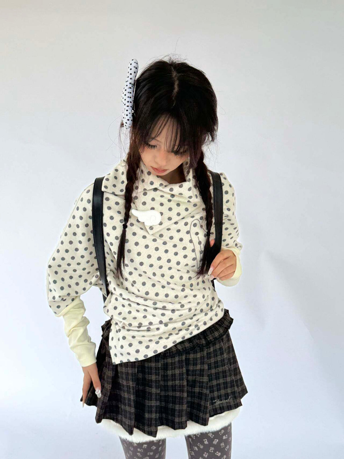 Buttercream Polka Dot Angel Wing Asymmetric Knit Sweater