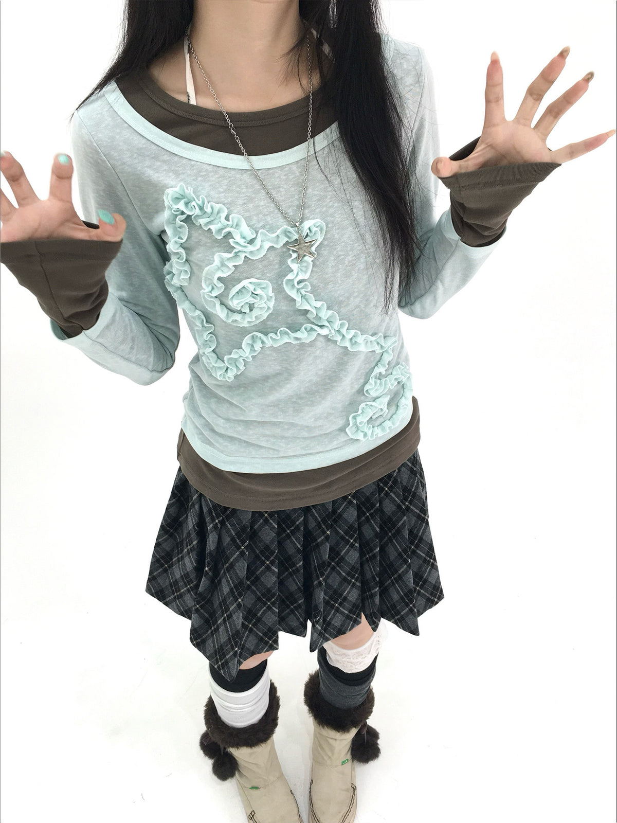 Mist Aqua Ruffle Star Faux-Layer Long Sleeve Top