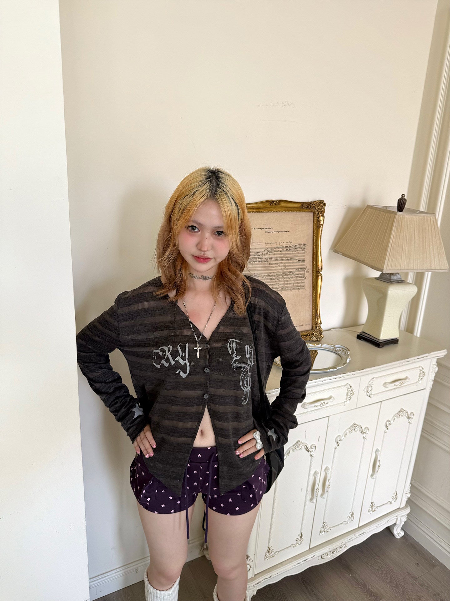 Smoky Brown Sheer Music Star Cardigan