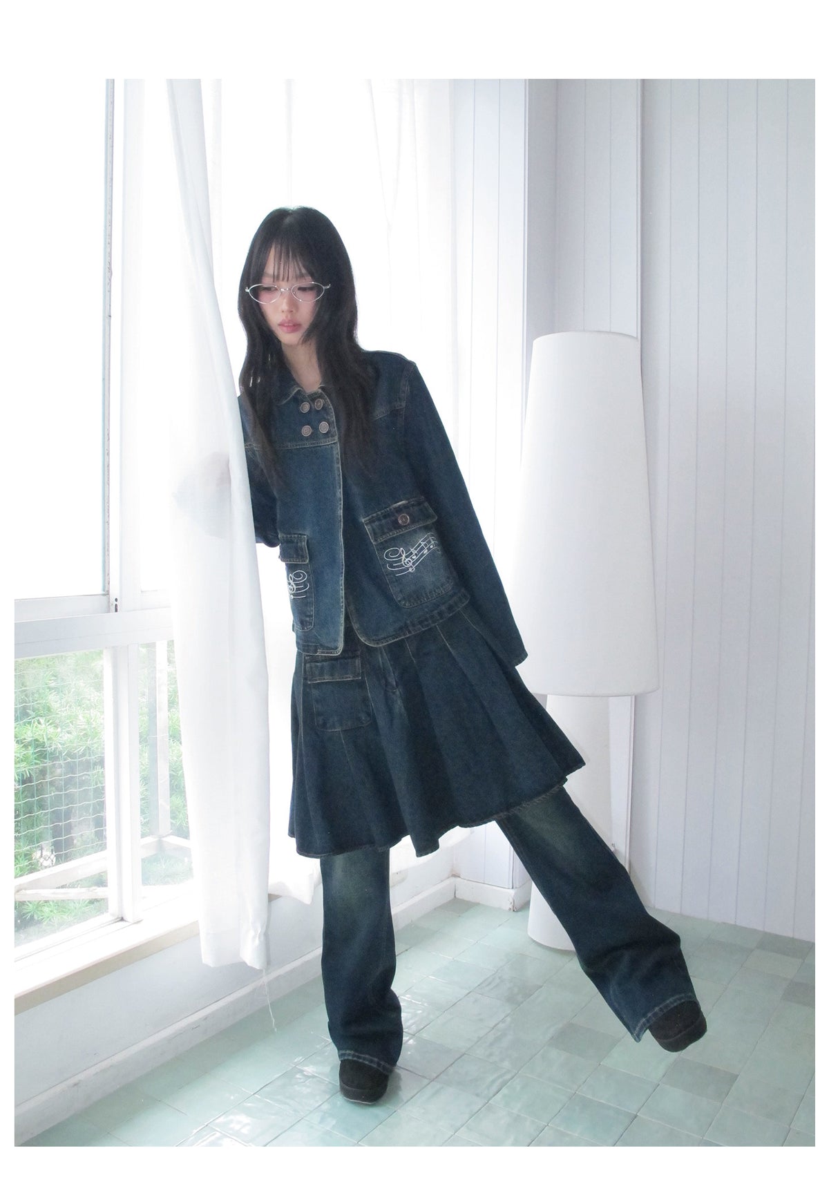 Washed Denim Utility Pleated Skirt