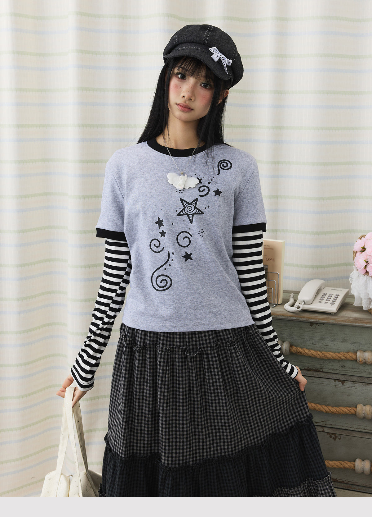Star Swirl Striped Faux-Layer Long Sleeve Top