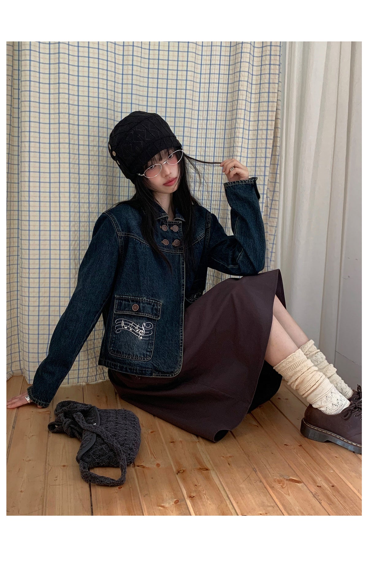 Washed Denim Music-Note Embroidered Jacket