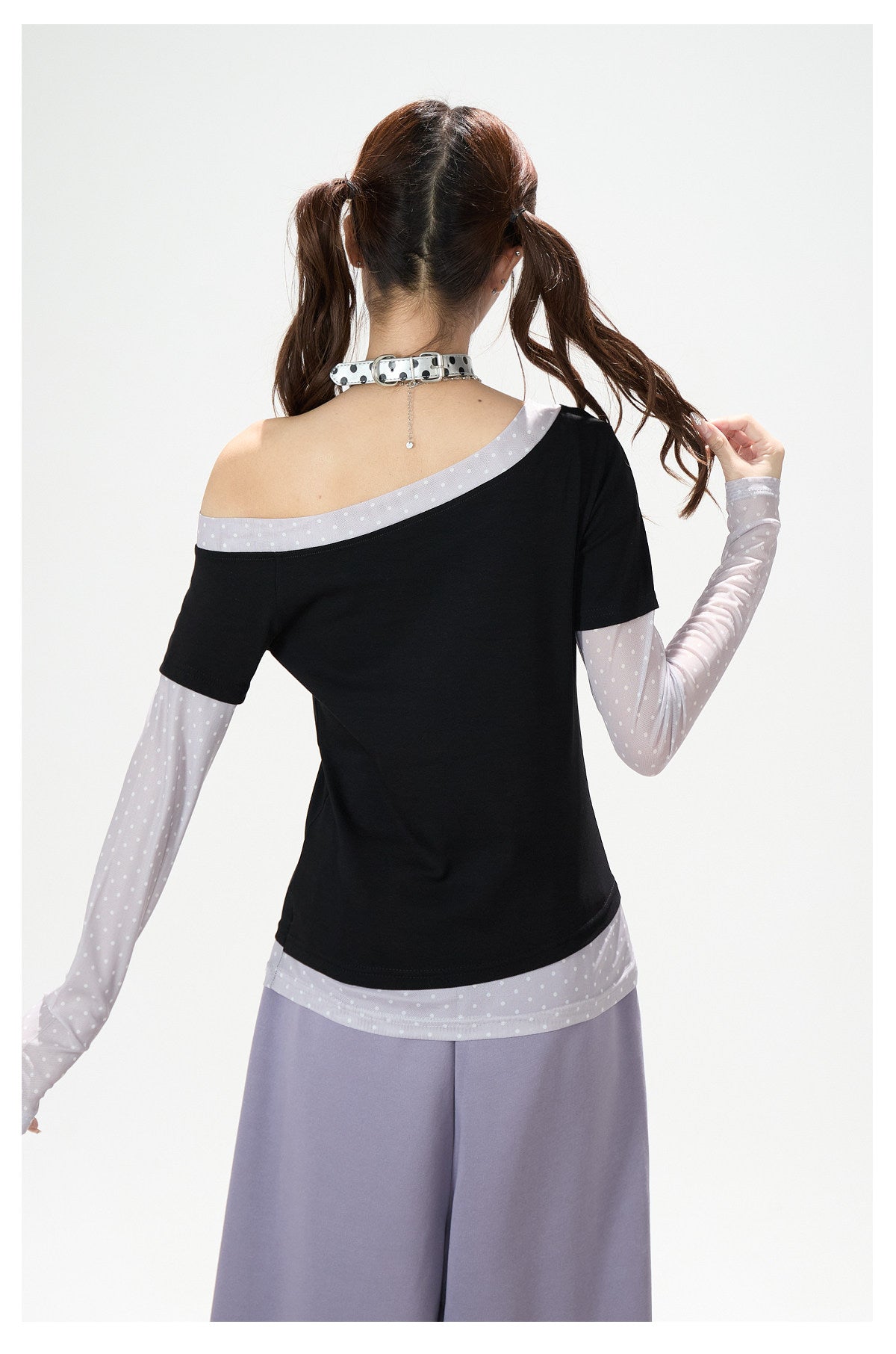 Mesh Layered Off-Shoulder Graphic Top & Heart Graphic Wide-Leg Pants