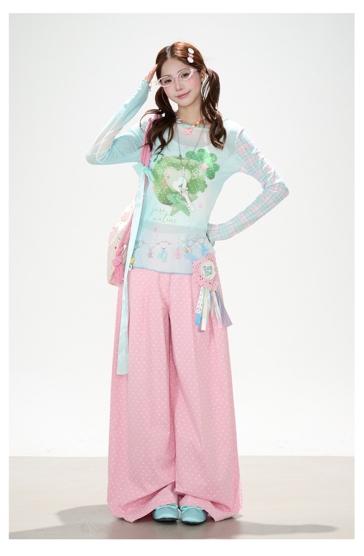 Apple Plaid Mesh Long Sleeve Top & Pink Polka Dot Wide Leg Pants