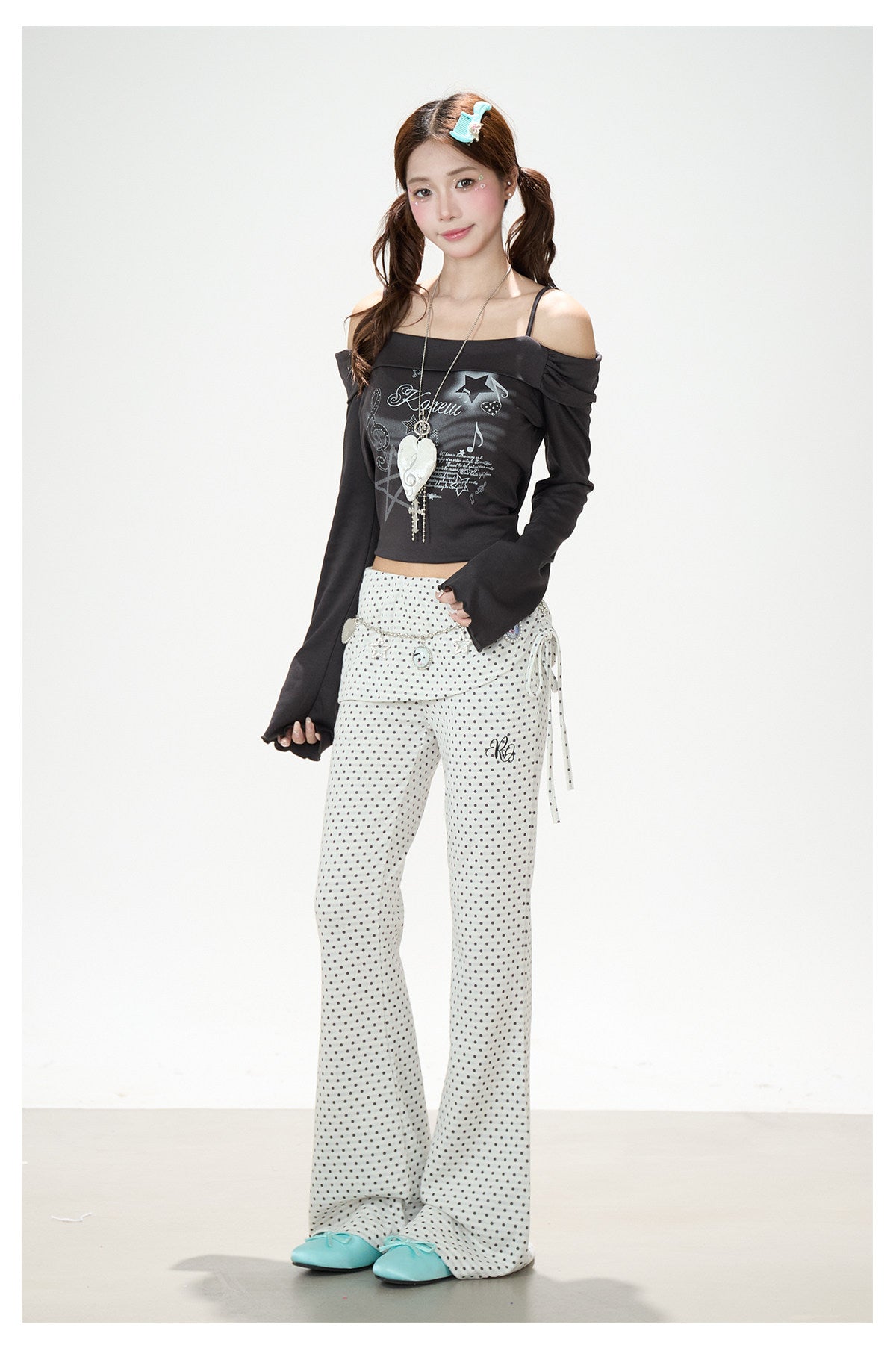 Polka Dot Ruffle Overlay Flare Sweatpants