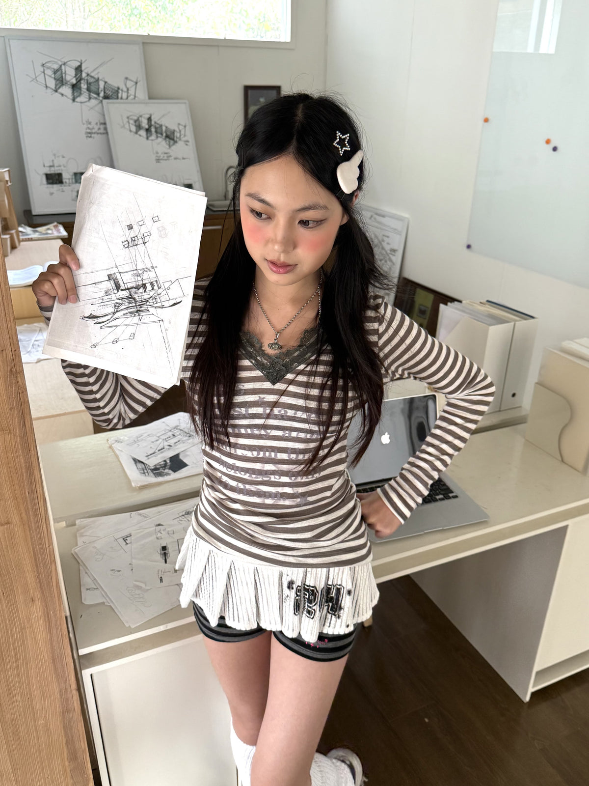 Gray Stripe Lace V-Neck Graphic Long Sleeve Tee
