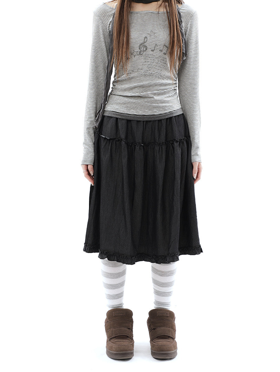 Washed Black Ruffle-Tiered Denim Midi Skirt