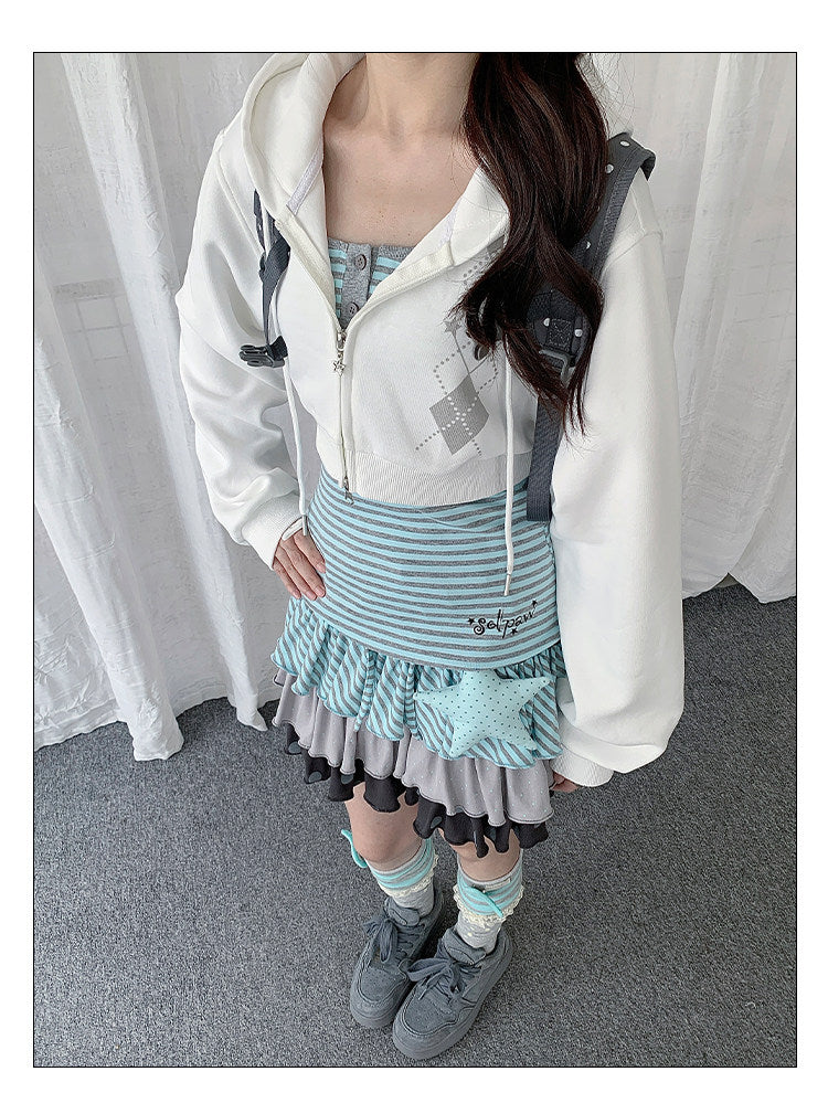 Striped Cami & Cropped Zip Hoodie Two-Piece Set