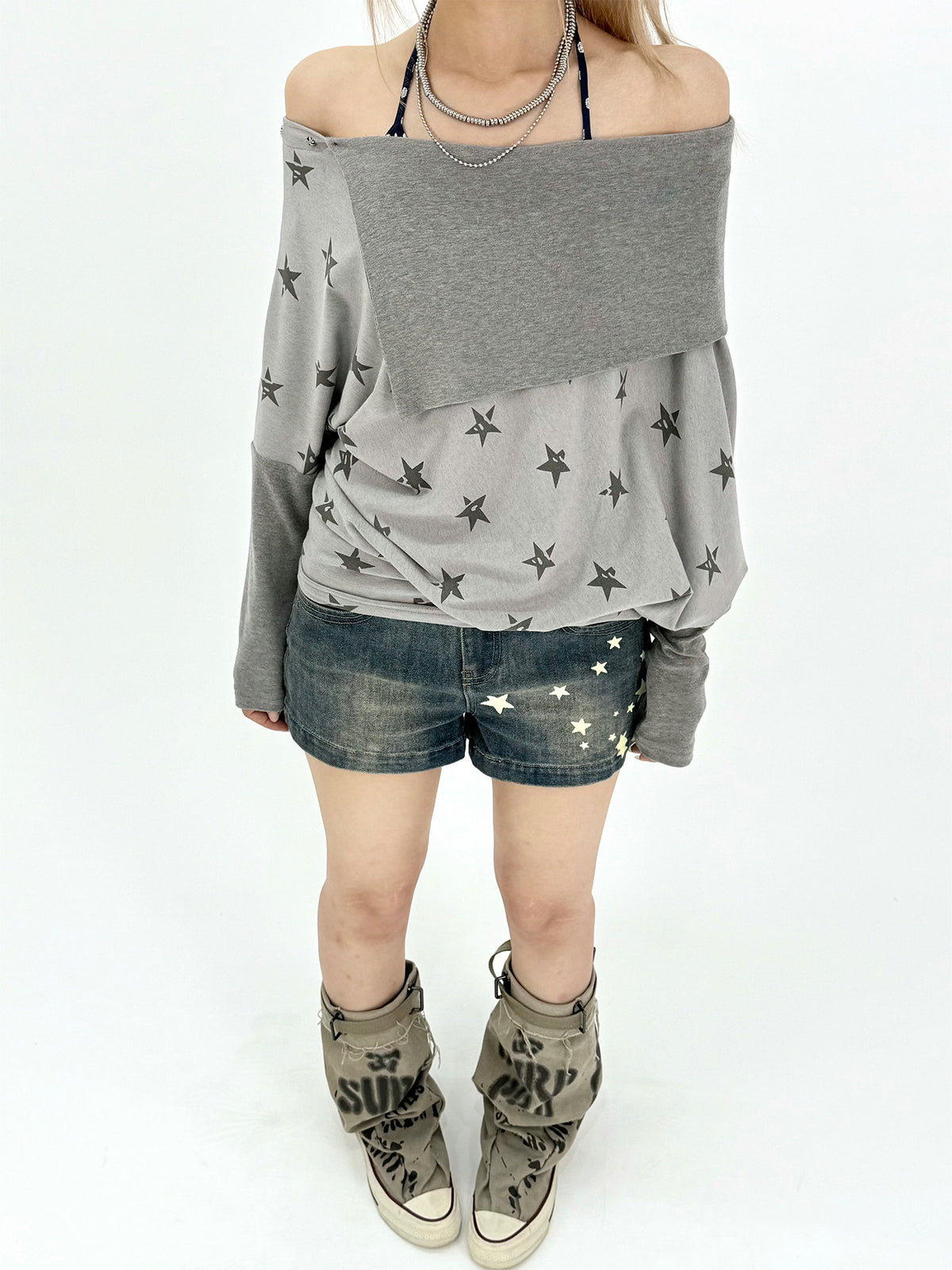 Star Print Draped Off-Shoulder Long Sleeve Top