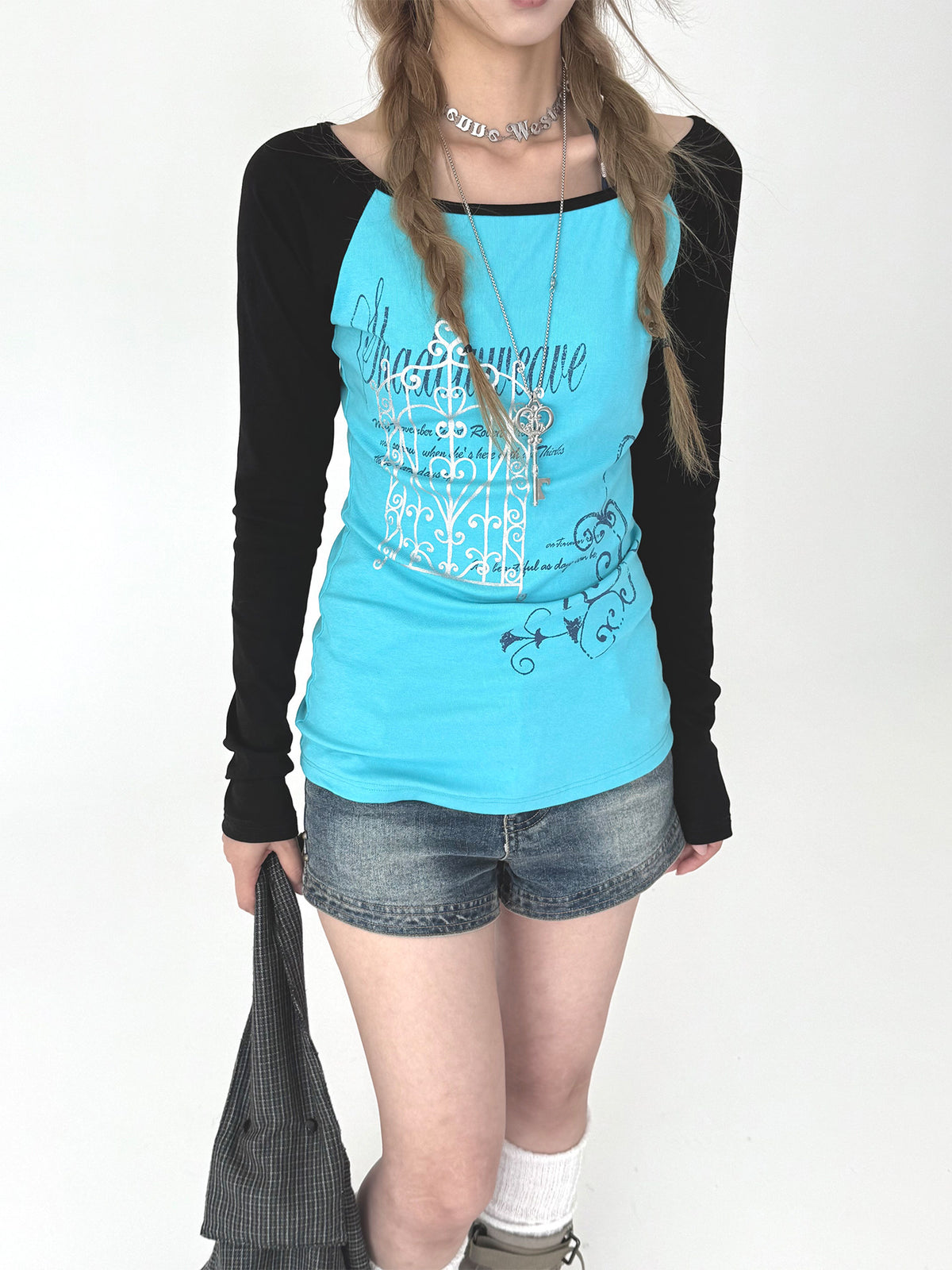 Aqua Contrast Graphic Raglan Long Sleeve Top