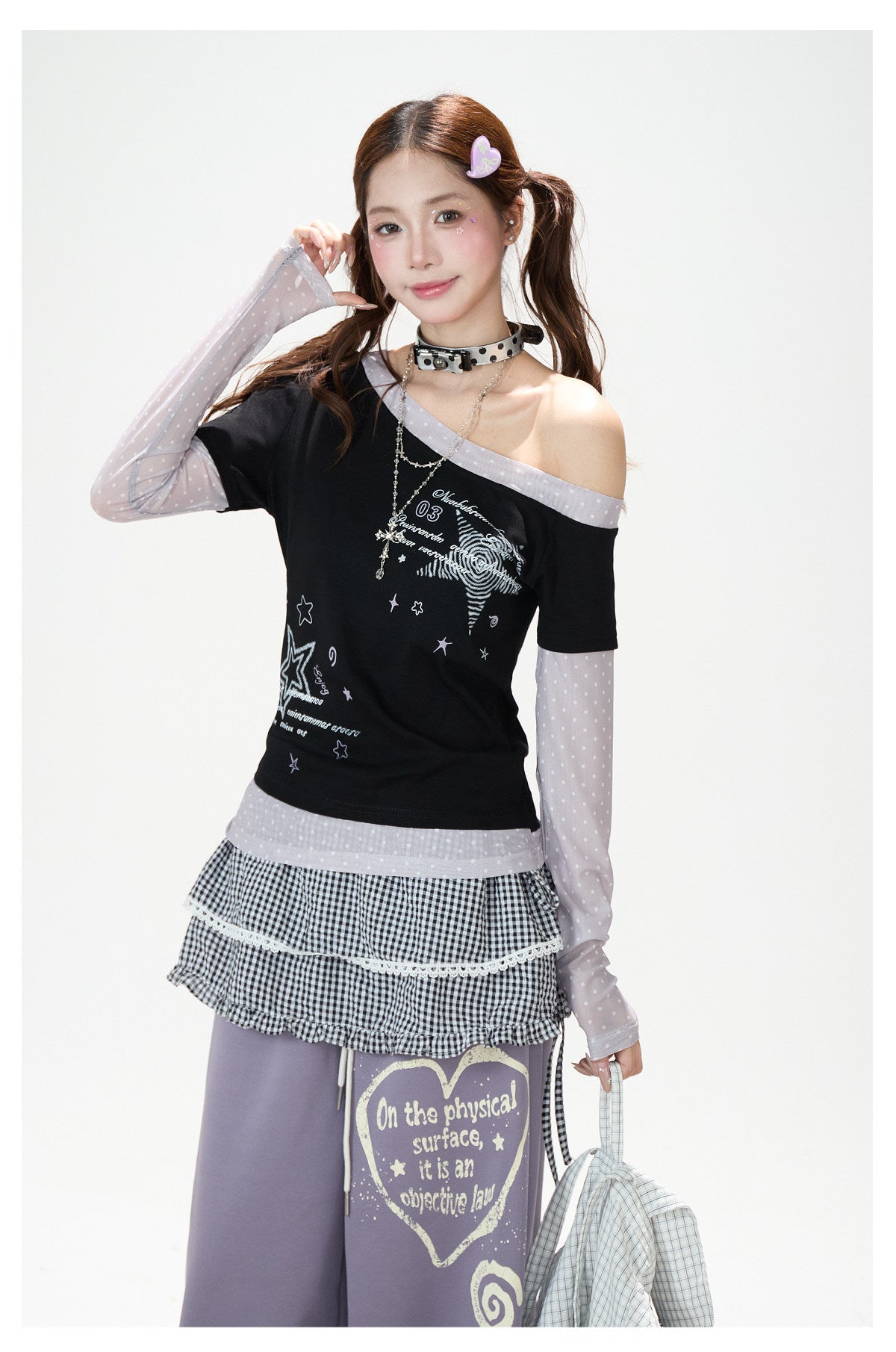Star Polka-Dot Off-Shoulder Layered Long Sleeve Top & Music Note Star Wide-Leg Jeans