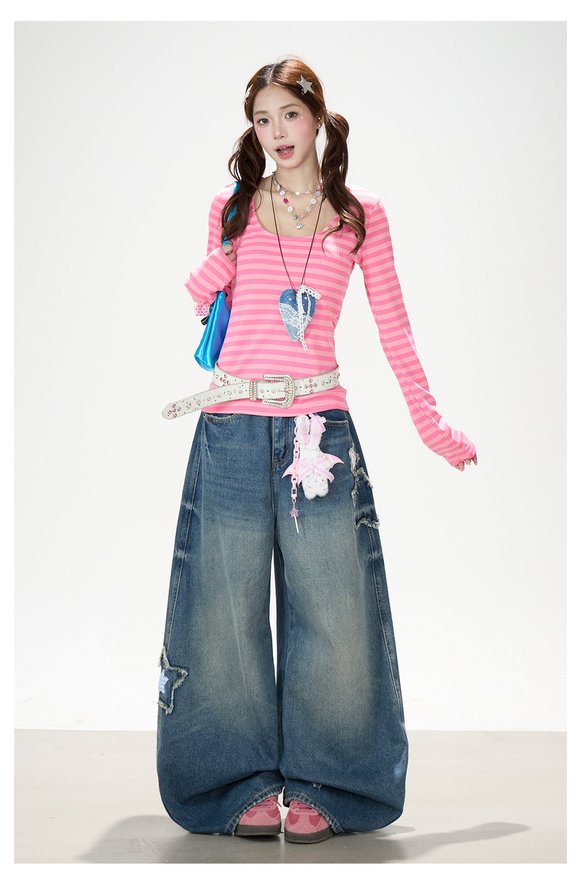 Pink Stripe U-Neck Long Sleeve Top & Star Patch Wide-Leg Jeans