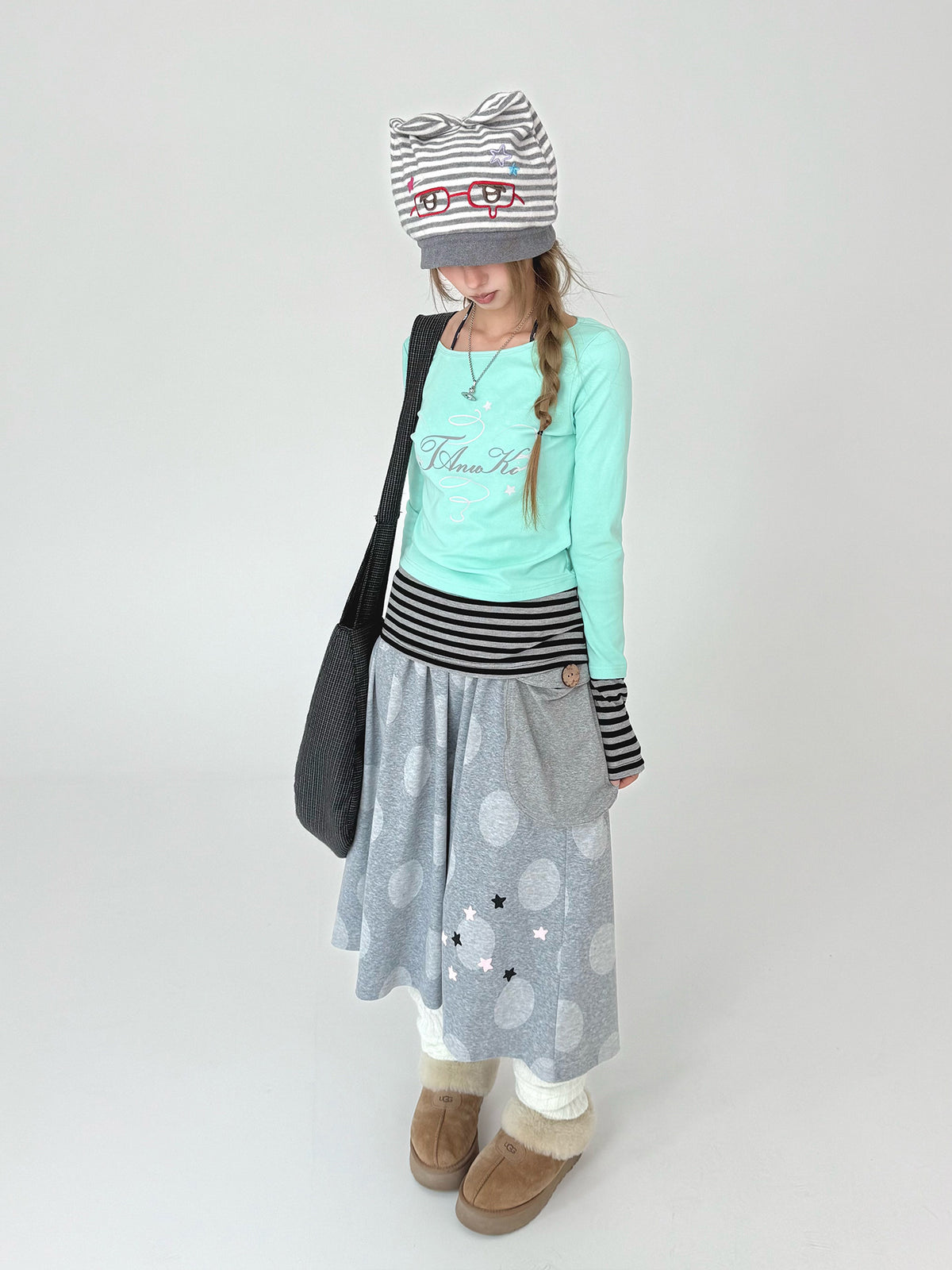 Star Detail Polka Dot Pocket Midi Skirt