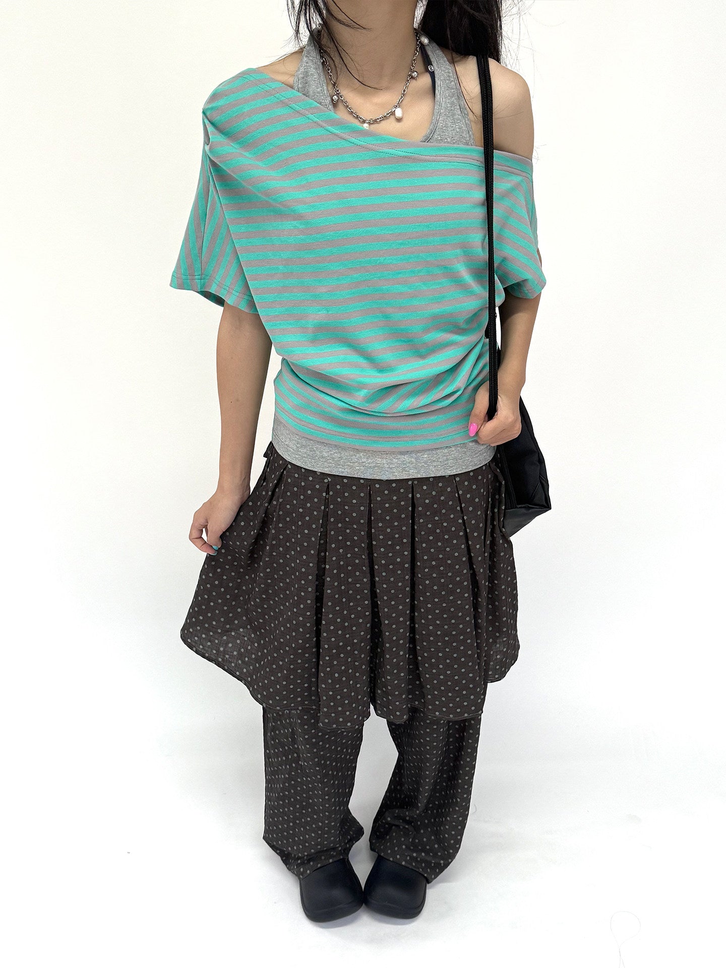 Mint Stripe Off-Shoulder Layered Halter Tee