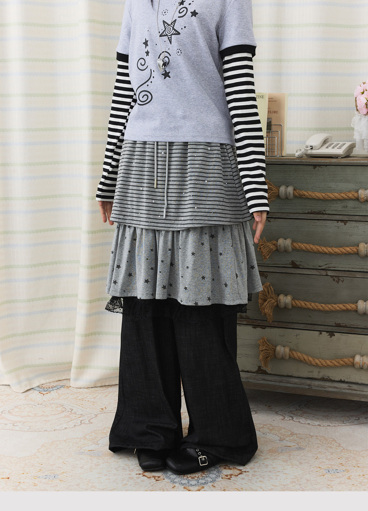 Star Stripe Layered Skirt Wide-Leg Pants