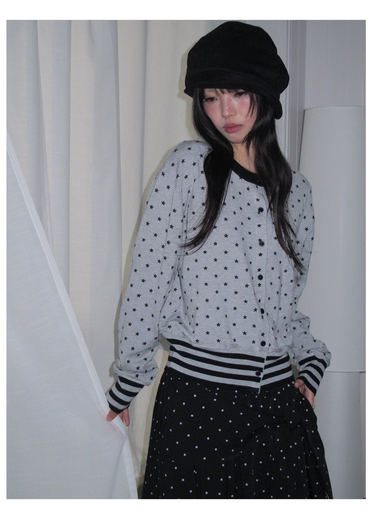 Star Print Contrast-Trim Knit Cardigan
