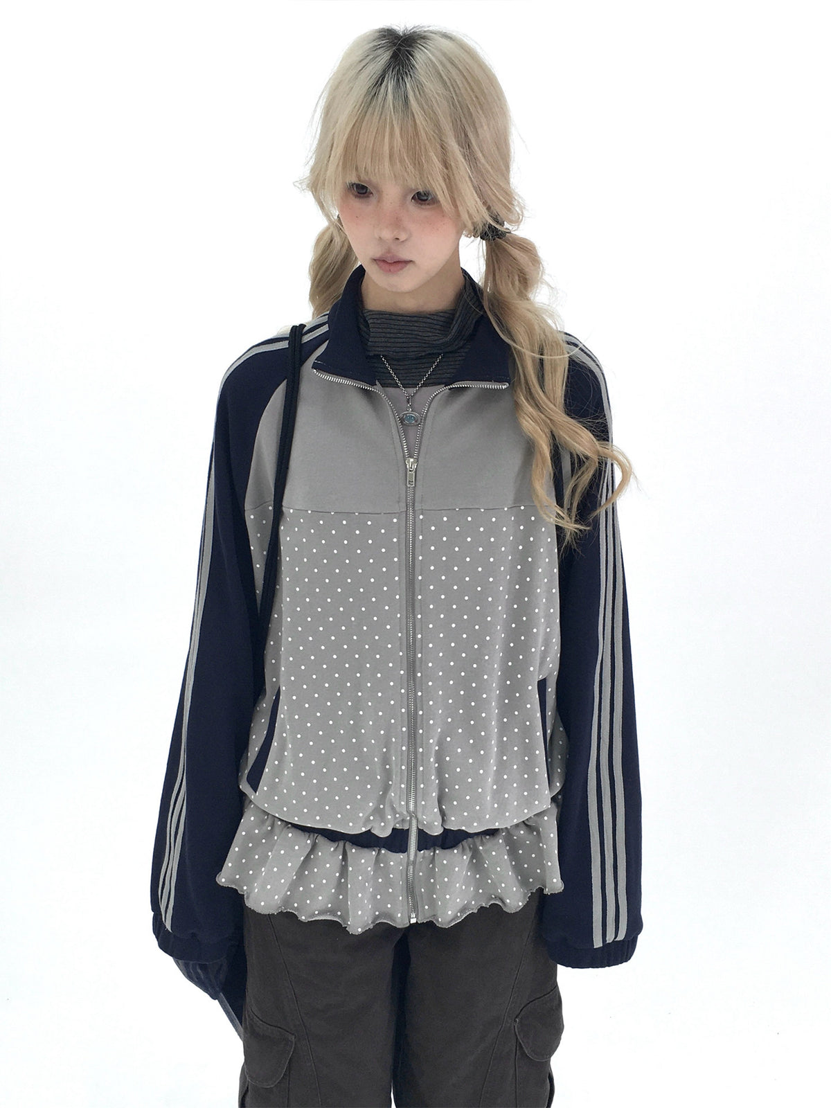 Gray Polka Dot Triple-Stripe Ruffle Zip Jacket