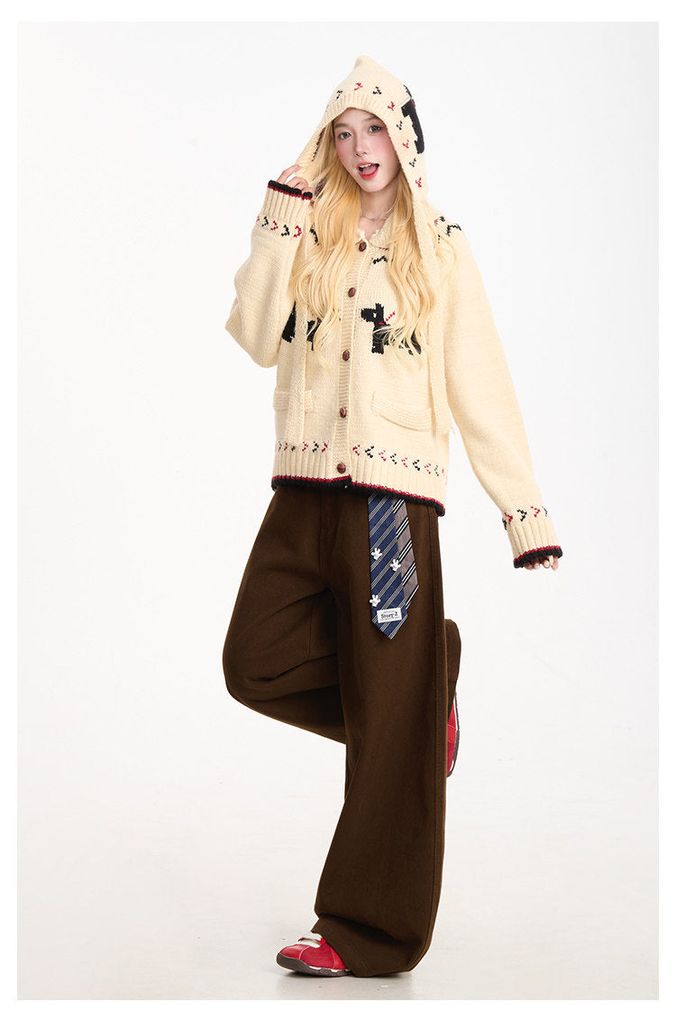 Curved-Leg Wide-Leg Pants with Detachable Tie