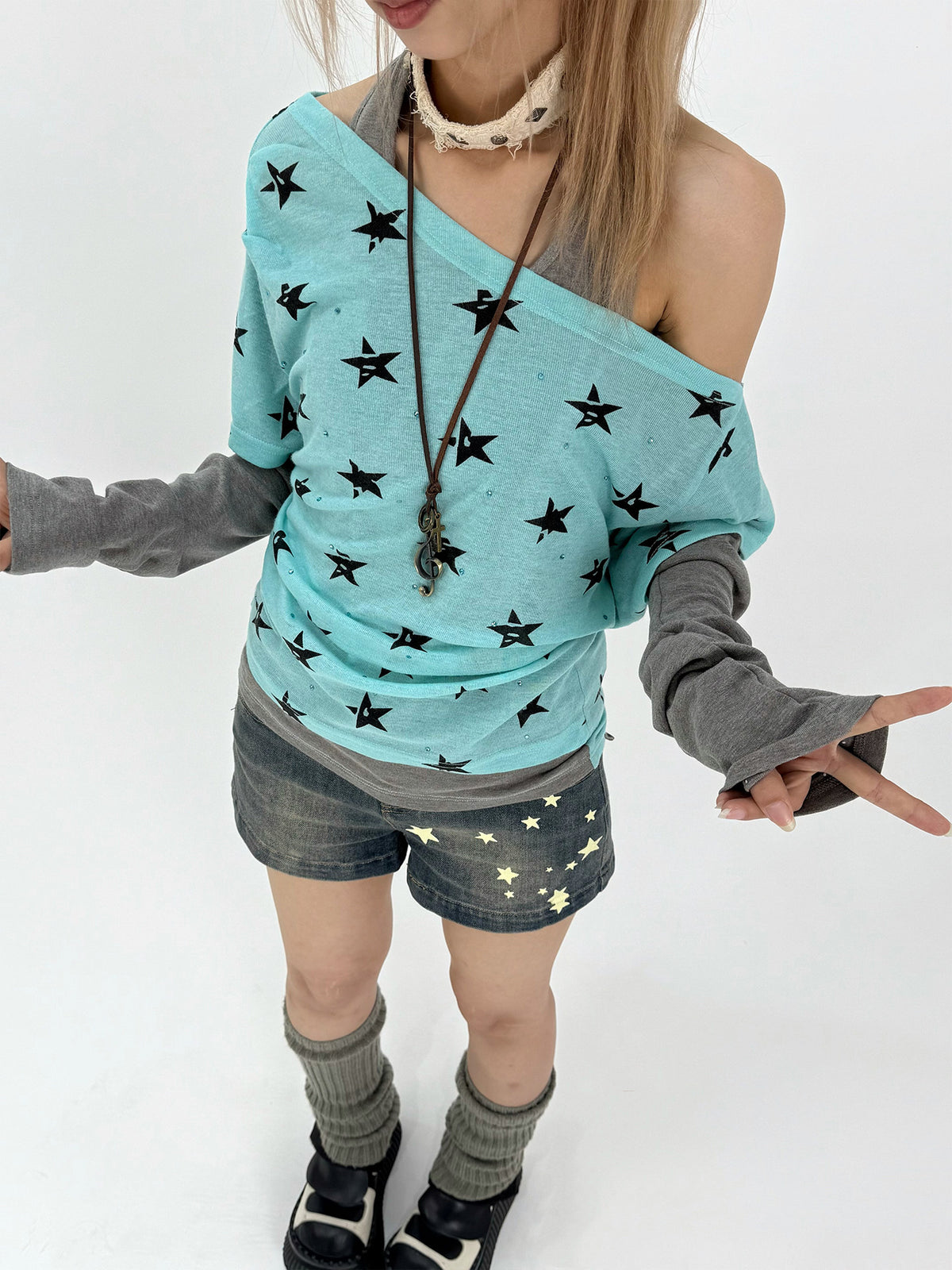 Star Print Washed Low-Rise Denim Shorts