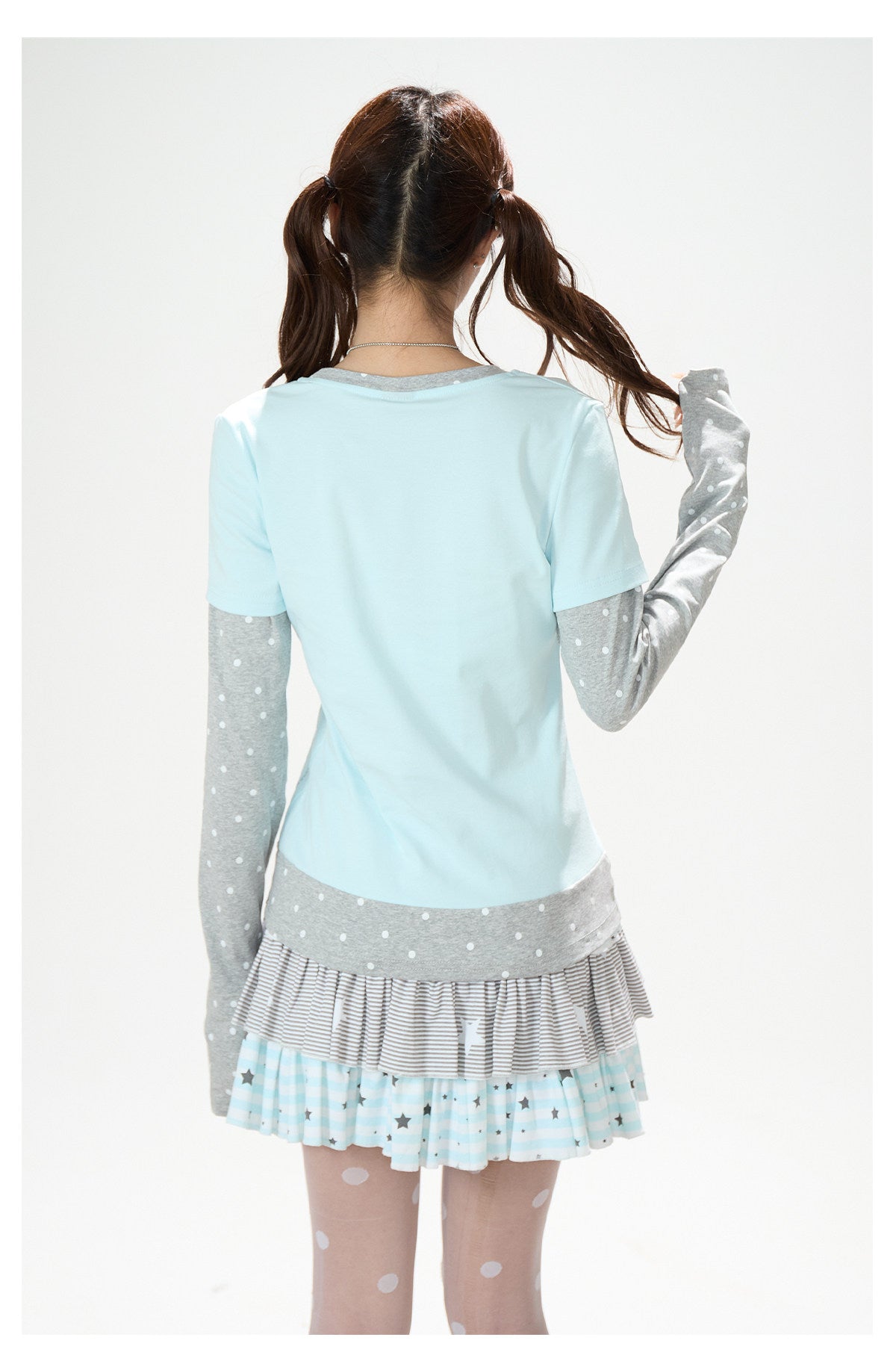 Anime Girl Polka-Dot Layered Long Sleeve Top & Star Tiered Ruffle Mini Skirt