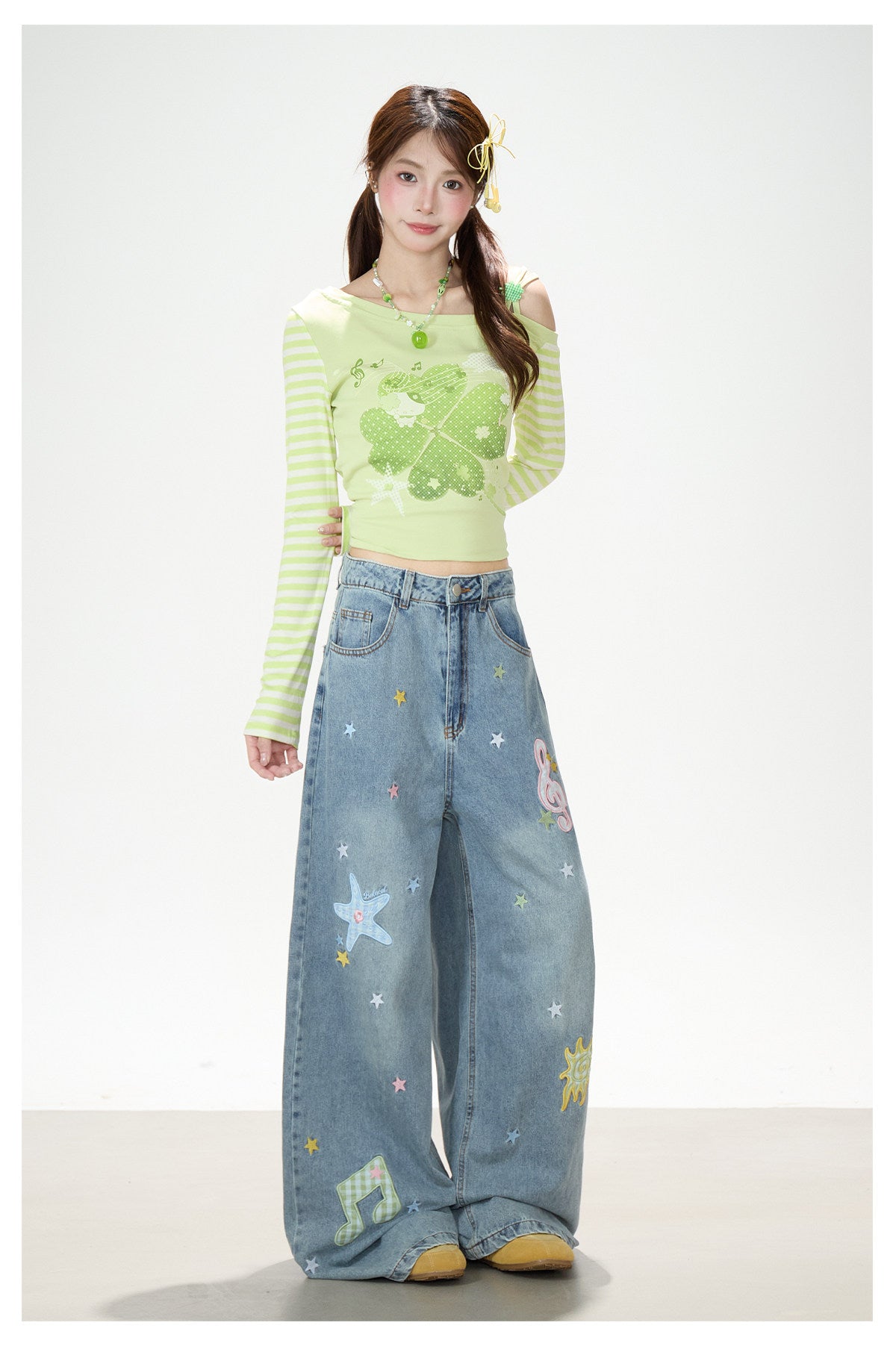 Star Music Note Embroidered Washed Wide-Leg Jeans