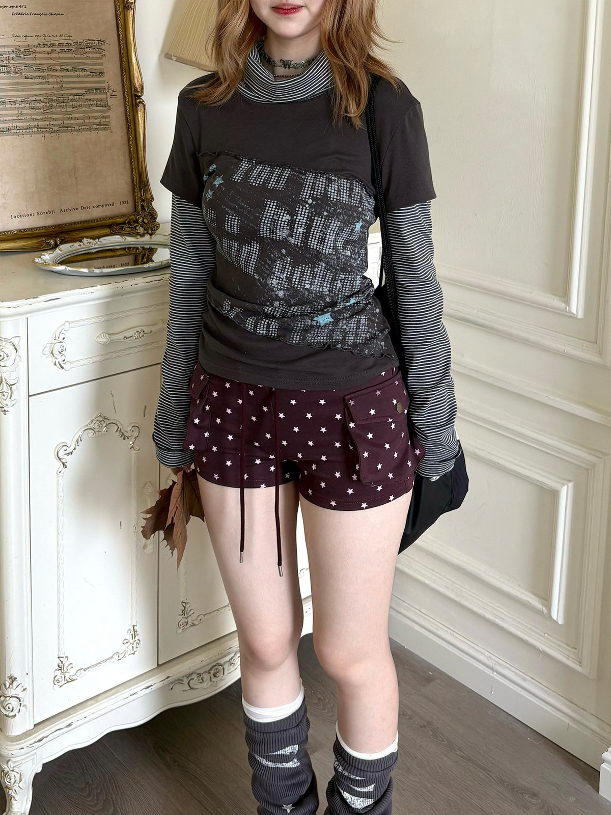 Striped Mock Neck Faux-Layer Graphic Long Sleeve Top