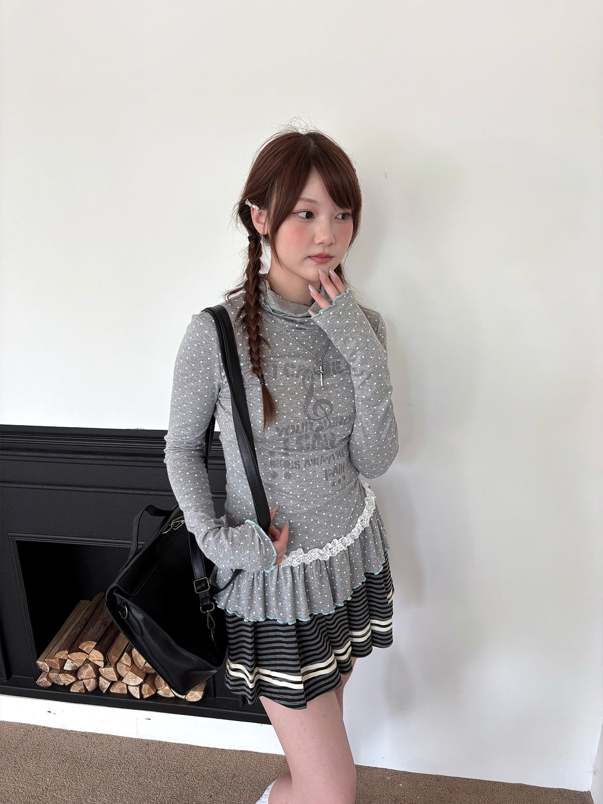 Polka Dot Lace-Trim Mock-Neck Long Sleeve Top