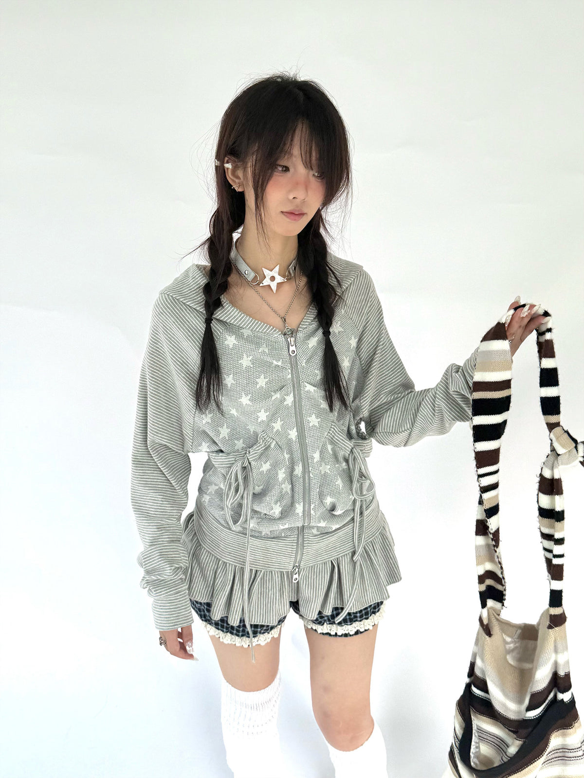 Star Ruffle Drawstring Zip-Up Hoodie