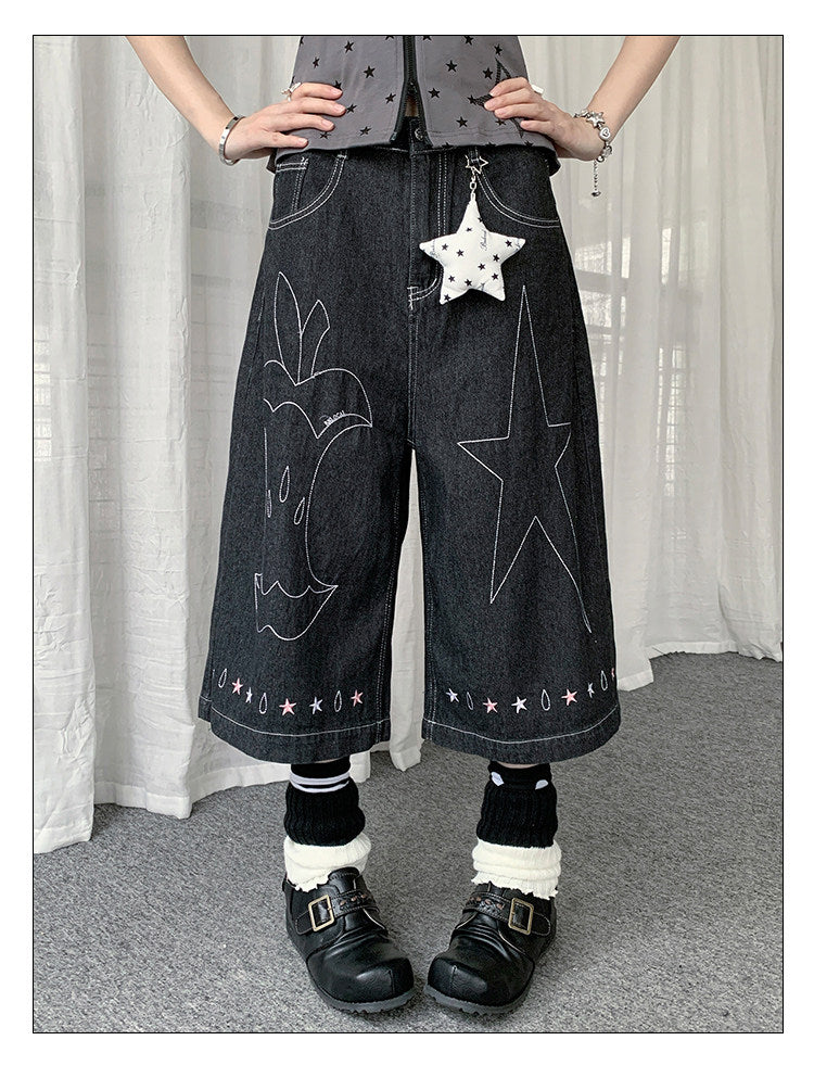 Star Embroidered Denim Capri Pants with Charm